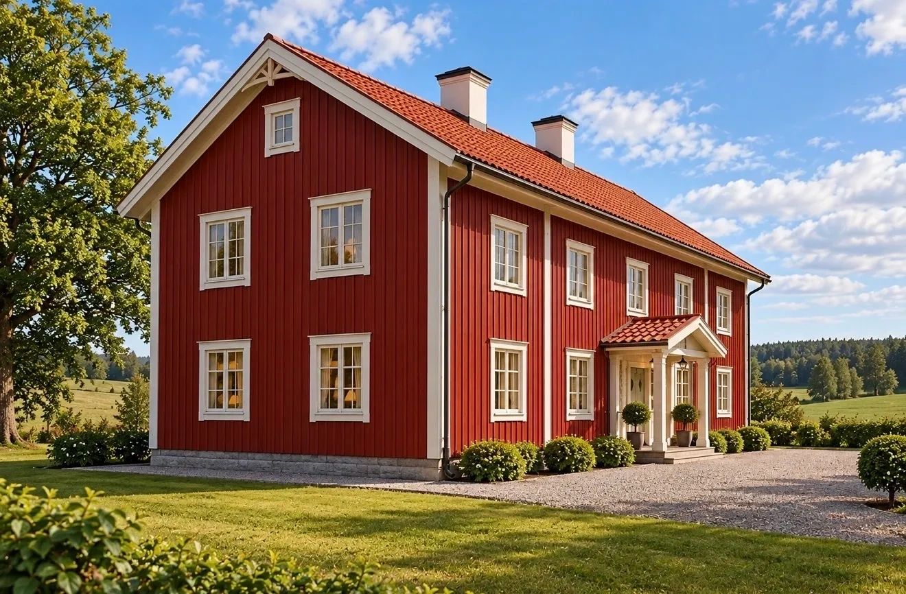 Rött hus med vita fönster i lantlig miljö.