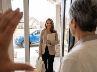 A young woman with a folder and bag arrives at a house, greeted warmly.