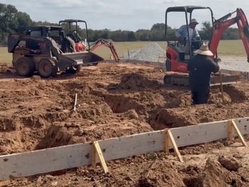Construction site with workers and excavators digging soil for foundation.
