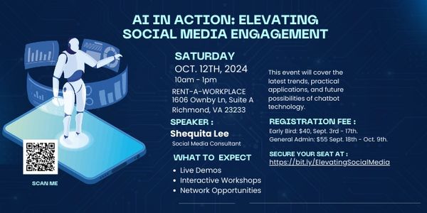Event flyer on AI elevating social media engagement with details and registration info.