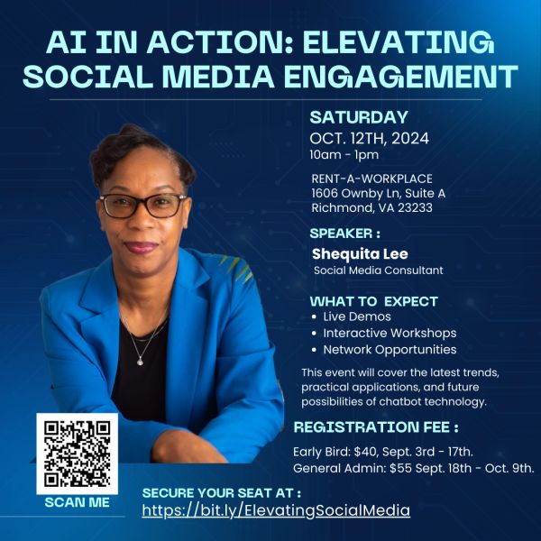 Event poster for AI-driven social media engagement workshop with speaker Shequita Lee.
