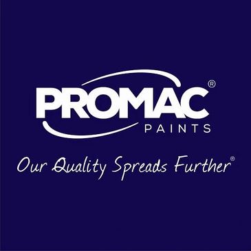 Promac Paints logo with slogan on dark blue background.