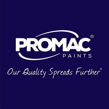 Promac Paints logo with slogan on dark blue background.