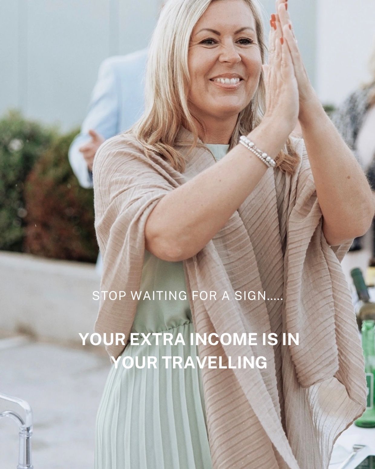 Smiling woman claps hands with inspiring travel income message.