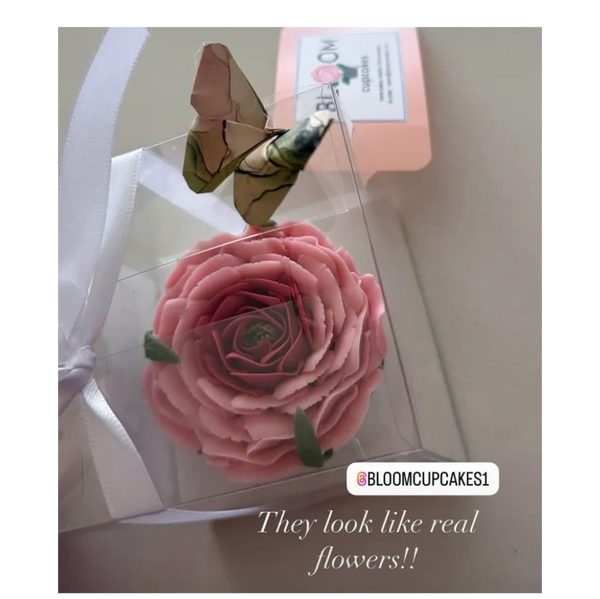 Single, buttercream rose cupcake, displayed  in a clear box with a homemade origami butterfly and note tag.