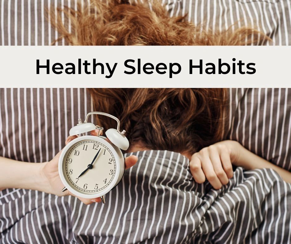 Healthy Sleep Habits title over a person sleeping under blanket with analog clock in hand at 7:00 am. Healthy Sleep Habits title over a person sleeping under blanket with analog clock in hand at 7:00 am.