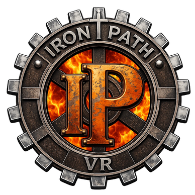 A metallic emblem with fiery background reading 'Iron Path VR'.