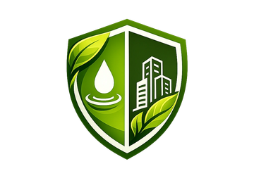 Green shield logo with water drop and cityscape, symbolizing eco-friendly urban living.