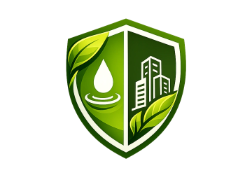 Green shield logo with water drop and cityscape, symbolizing eco-friendly urban living.