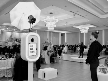 Photo booth setup at a wedding reception.