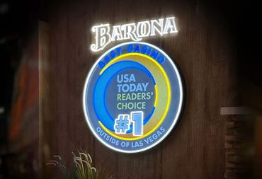 Illuminated Barona casino sign highlighting USA Today's #1 readers' choice award.