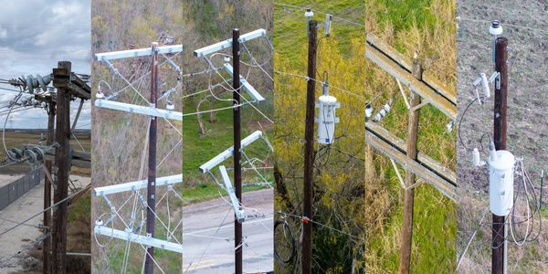 Six images of various types of power distribution polls.