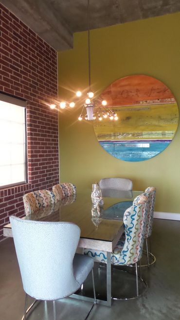 Dining room, colorful, lighting, modern, exposed brick, interior design