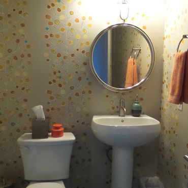 bathroom, powder room, wallpaper, colorful, interior design