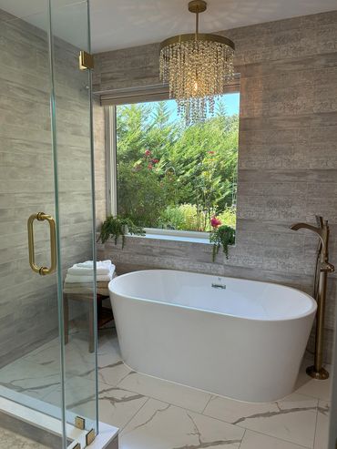 bathroom, tub, chandelier, marble flooring, interior design, tile, shower