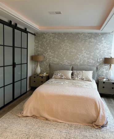 bedroom, floral, floral wallpaper, guest room, interior design, accent wall, wallpaper, neutrals