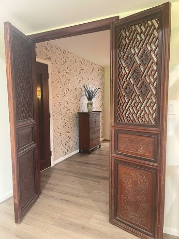 Oriental, antique doors, wallpaper, floral , interior design