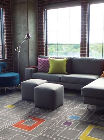 living room, colorful, grey couch, modern, exposed brick , loft, grey couch , interior design