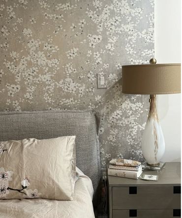 bedroom, floral, floral wallpaper, guest room, interior design, accent wall, wallpaper, neutrals