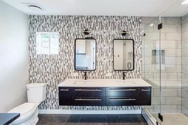 Interior design , tile wall ,black and white, bathroom , interior design, floating vanities , double