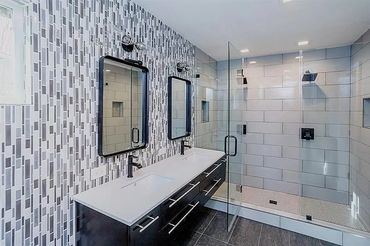 Interior design , tile wall ,black and white, bathroom , interior design, floating vanities , double