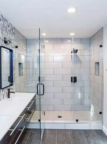 floating vanities , double headed shower , tile, interior design, walk in shower