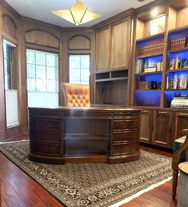 custom bookcase , desk, wood paneling, blue light, traditional