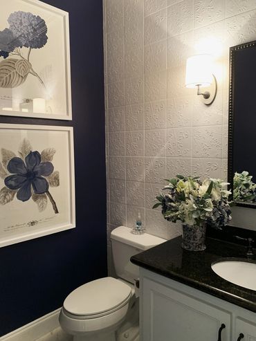 powder room, navy, floral, white tiles, interior design