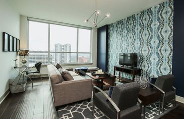 Living room, interior design, wallpaper, blues , contemporary design