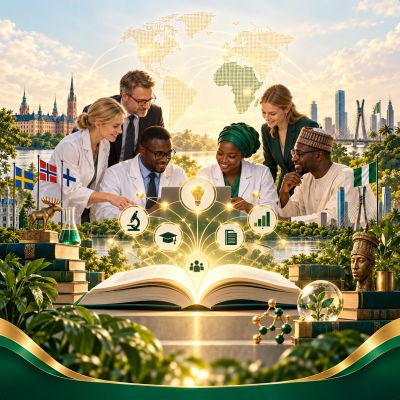 Diverse scientists collaborating with global innovation icons above an open book.
