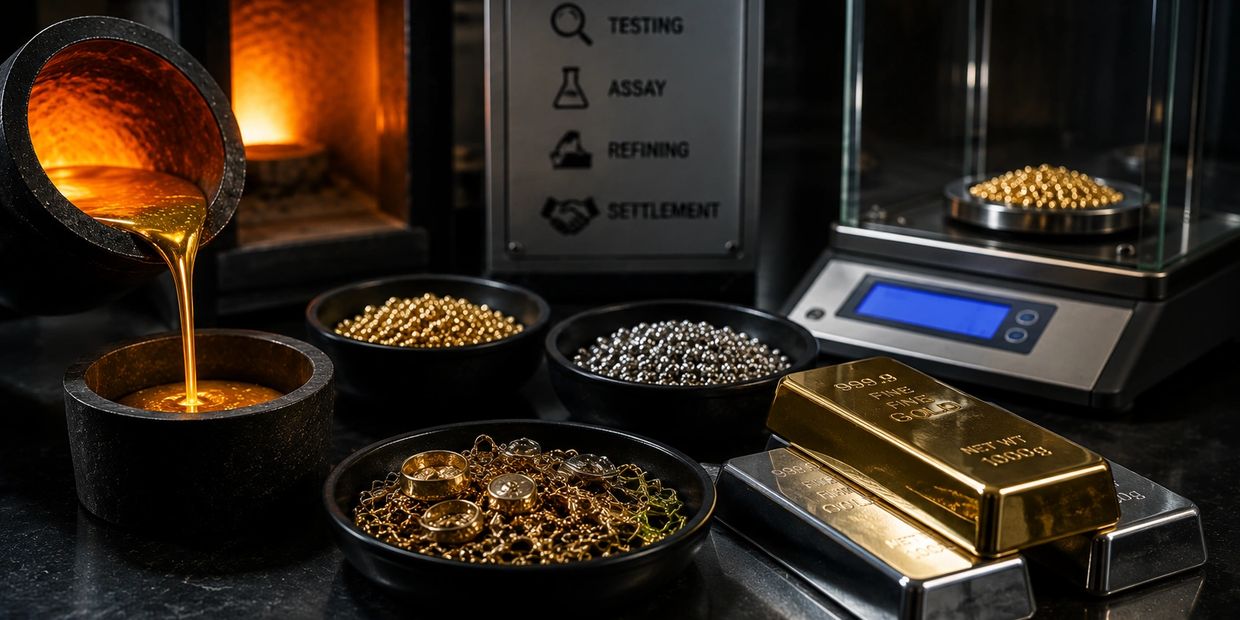 Molten gold being poured with gold and silver bars and jewelry on display.