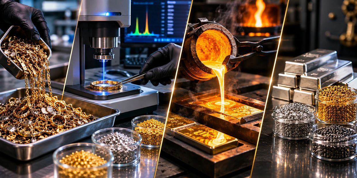 Four-panel image showing gold jewelry, precision engraving, molten gold pouring, and silver-gold bars with beads.