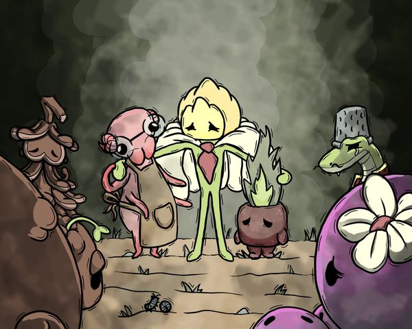 Anthropomorphic vegetable characters with expressive faces gathered in a smoky setting.