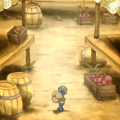 Character walking through a rustic market street with barrels and crates of apples.