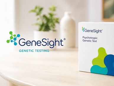 GeneSight psychotropic genetic test kit on a wooden table with logo.