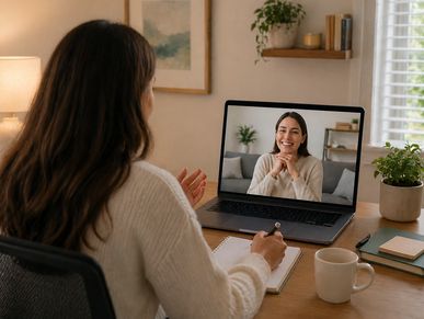 Two women engaged in a video call from cozy home offices.