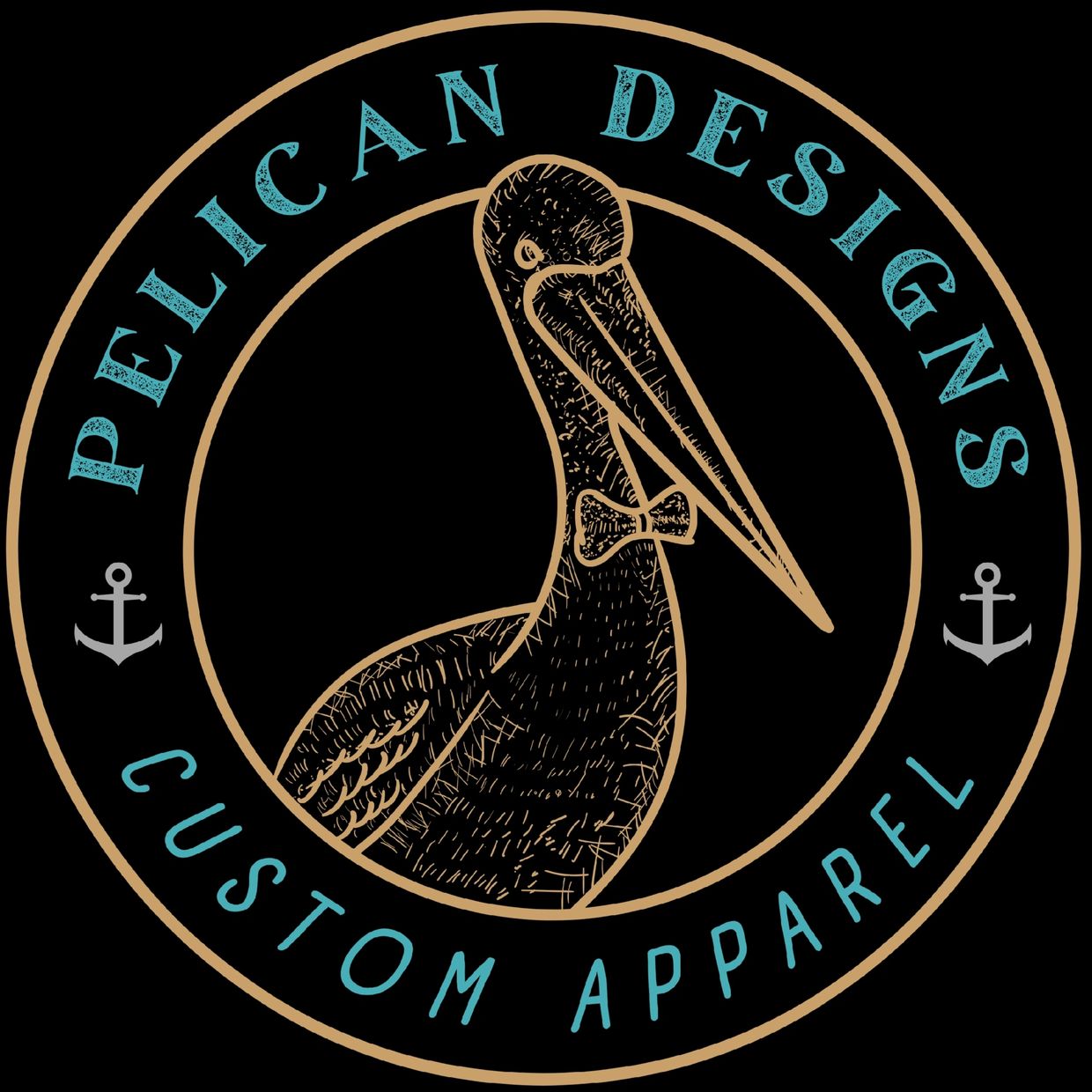 Logo of Pelican Designs Custom Apparel with pelican illustration.