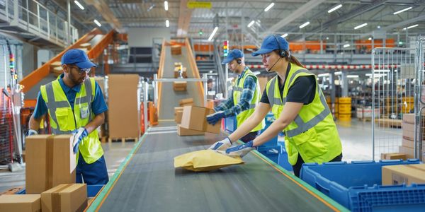 Workers sorting packages on a conveyor belt in a warehouse.