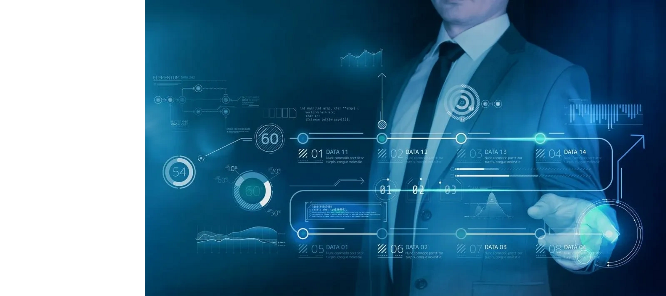 Businessman interacting with futuristic digital data interface in blue.