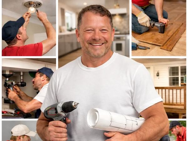 Handyman holding drill and blueprints, surrounded by home repair activities.