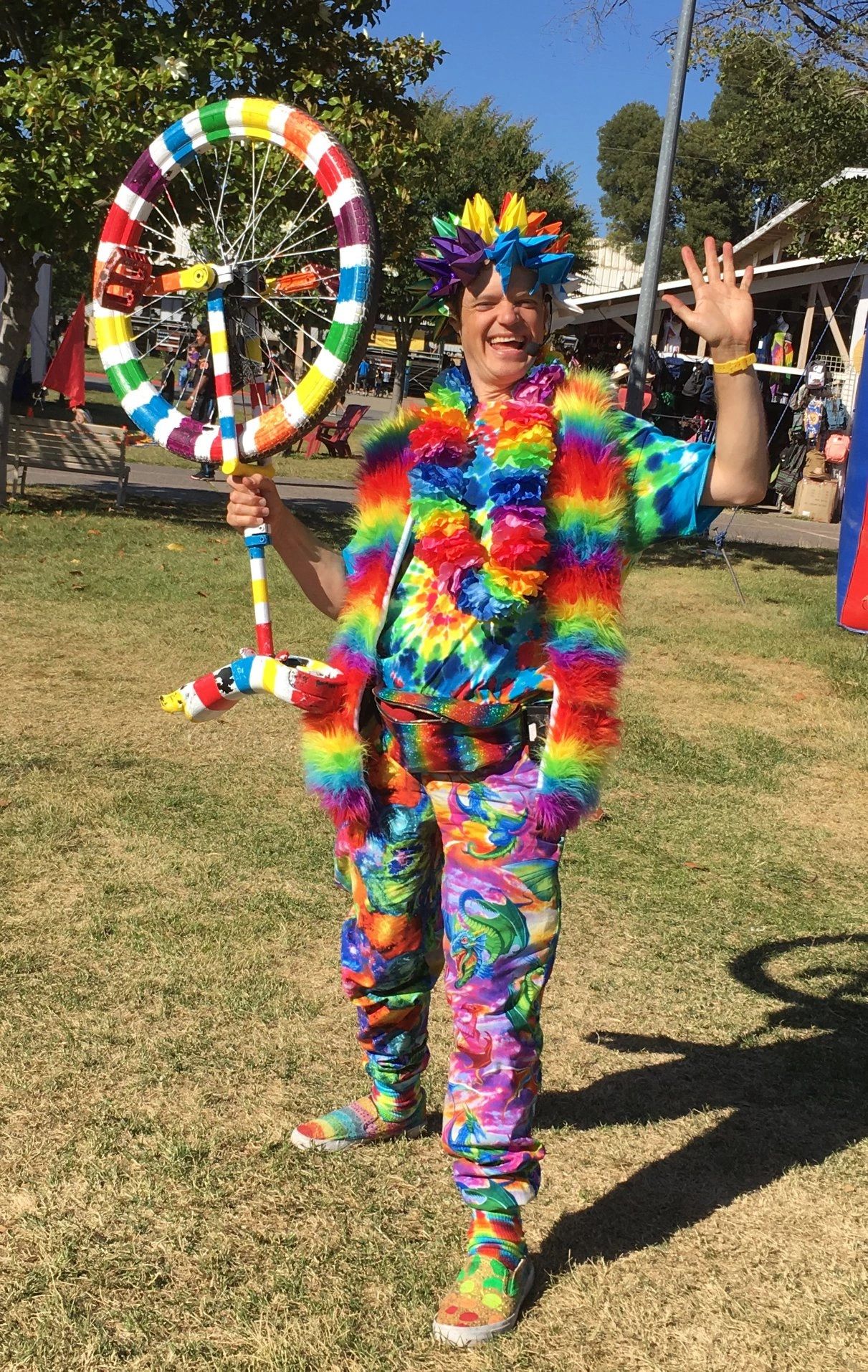 Rainbow outfit with rainbow unicycle at Alameda County Fair