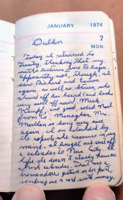A photo of one of my earliest diary entries, dated Jan. 7, 1974, datelined Dublin, Ireland.