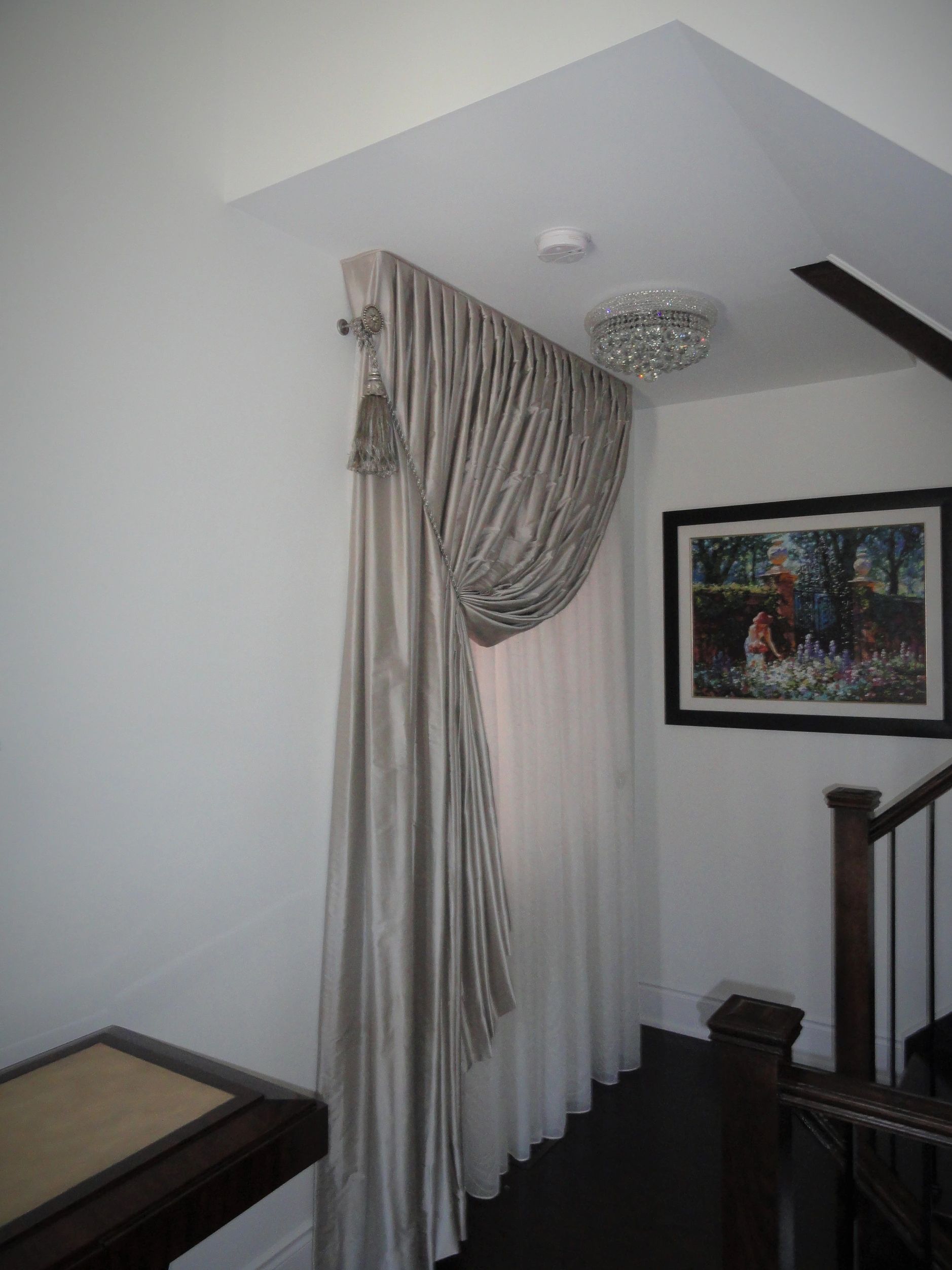 elegant silk drapery
tied back silk drapery
pencil pleat drapery
custom hall drapery