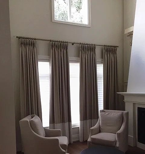 drapery for tall windows
two pleat drapery
drapery with banding
Hunter Douglas Silhouette shades
Liv