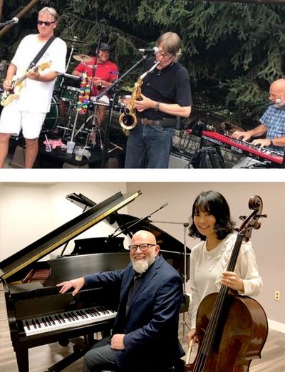 Two musical groups performing and posing with instruments.