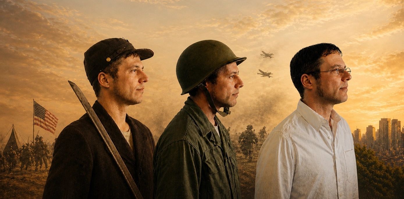 Three men in different eras stand side by side against a backdrop of war and peace.