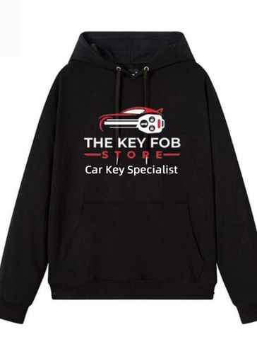 Black hoodie with car key fob store logo and text.