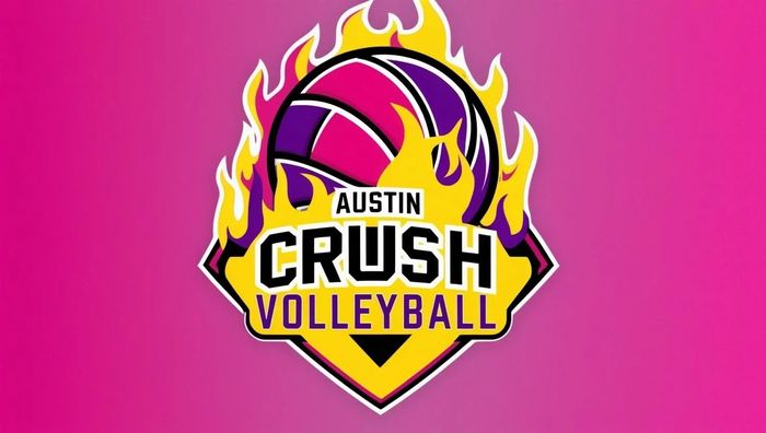 Austin Crush Volleyball logo with flaming volleyball on purple-pink background.