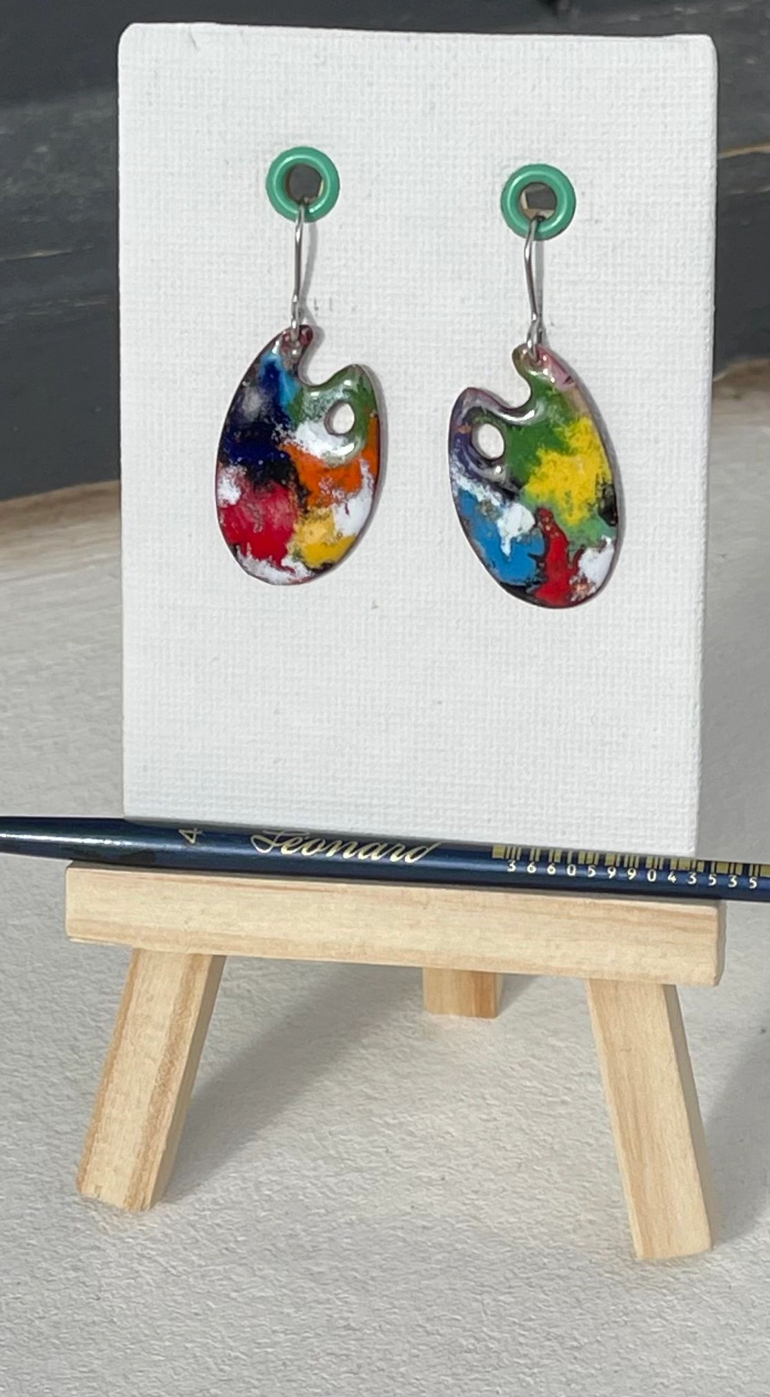 Enamelled copper earrings in shape of artist's palette