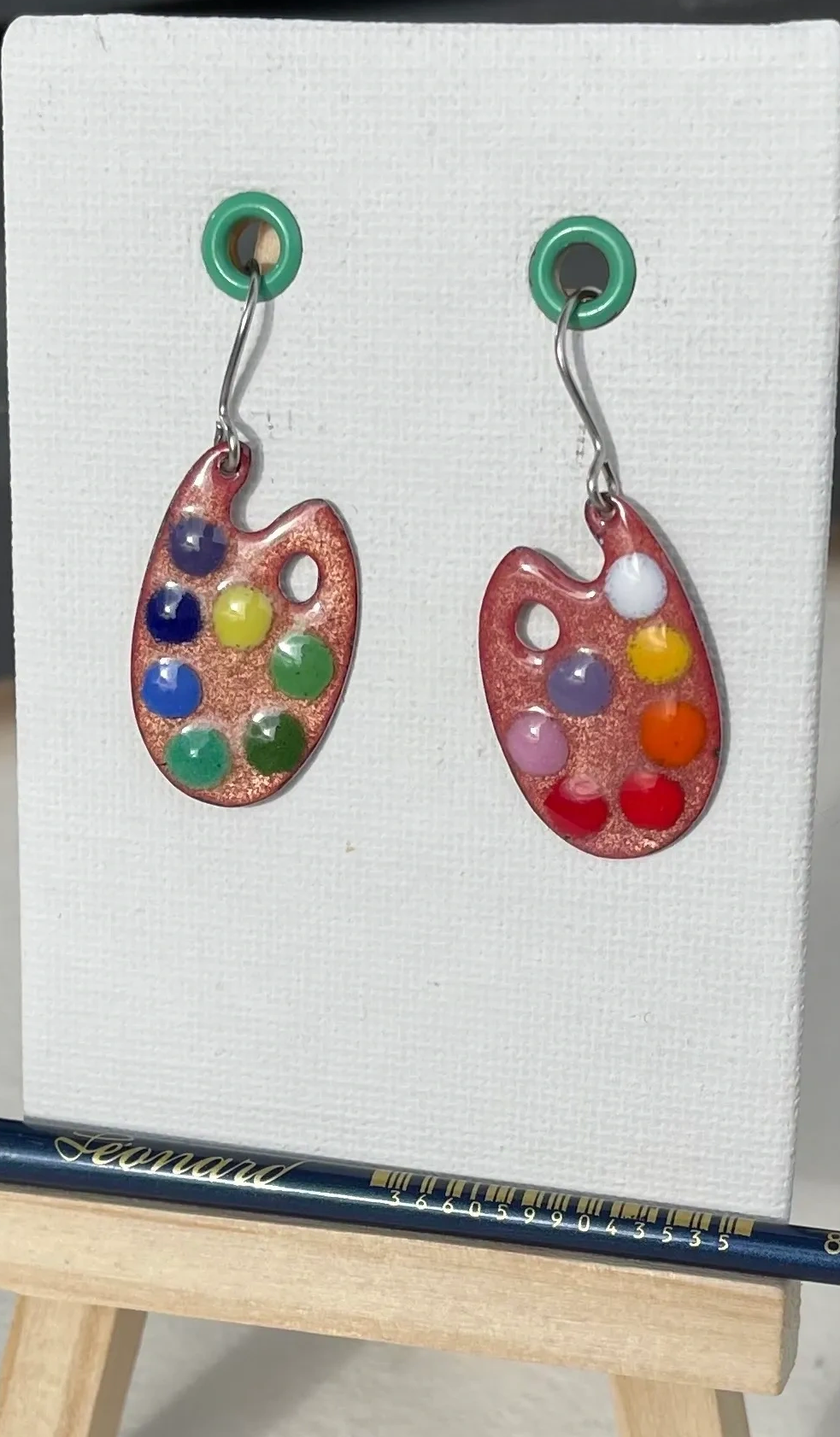 Enamelled copper earrings in shape of artist's palette
